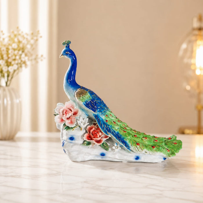 Celestial Blue Ceramic Peacock Sculpture – Premium Art Décor by The Decor Paradise
