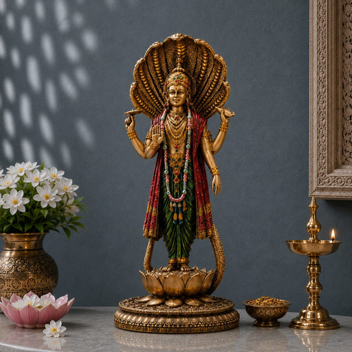 A golden Lord Shiva statue with a large open shell canopy, red and green draped garments, standing on a lotus base. The statue is displayed on a marble surface with a brass lamp, flowers, and a decorative frame against a dark gray wall.