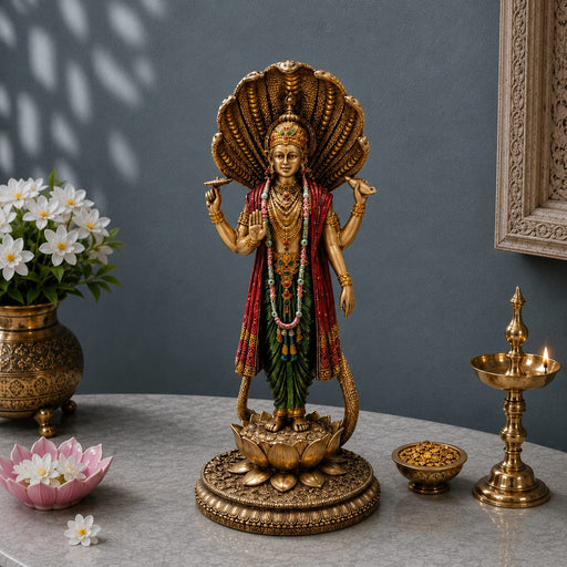 A golden Lord Shiva statue standing on a lotus base with a large open-shell canopy, draped in red and green fabric, displayed on a gray stone table with decorative flowers, a brass lamp, and a bowl of offerings against a dark gray wall.