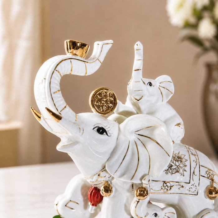 Elegant White Elephant Statue with Baby Elephants