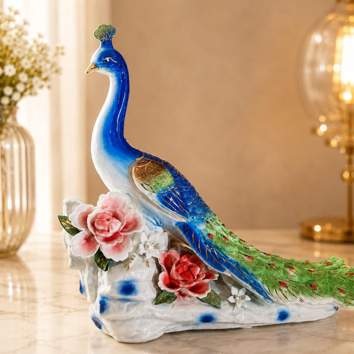Celestial Blue Ceramic Peacock Sculpture – Premium Art Décor by The Decor Paradise