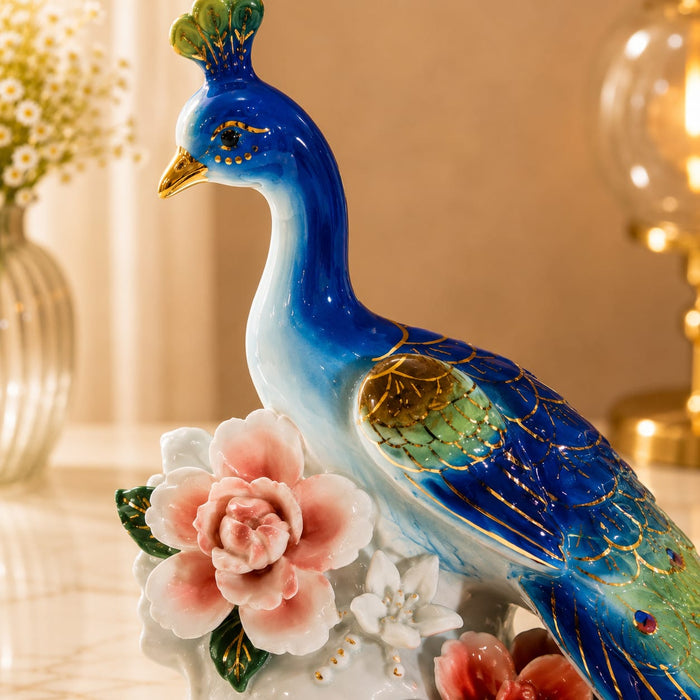 Celestial Blue Ceramic Peacock Sculpture – Premium Art Décor by The Decor Paradise