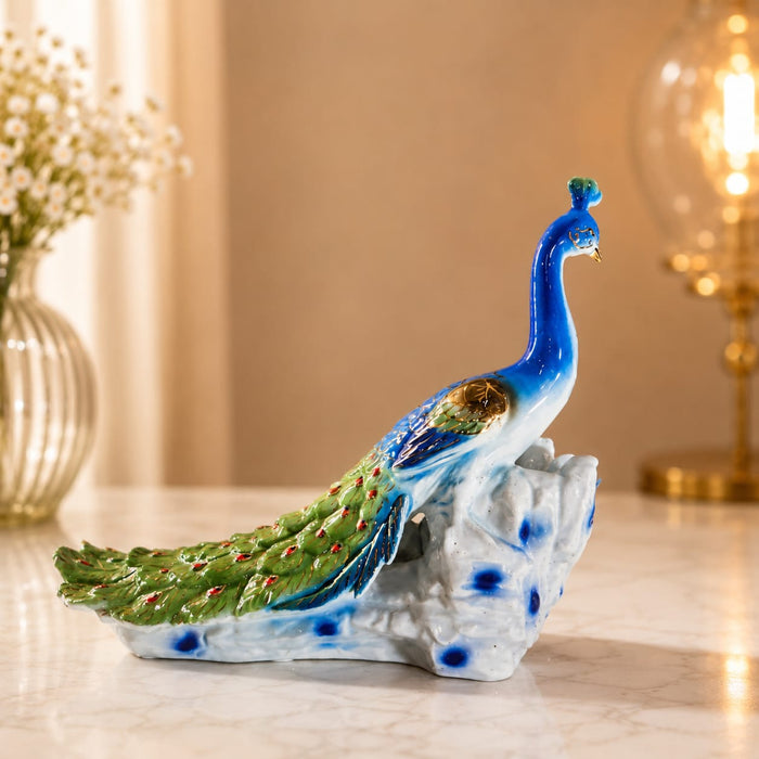 Celestial Blue Ceramic Peacock Sculpture – Premium Art Décor by The Decor Paradise