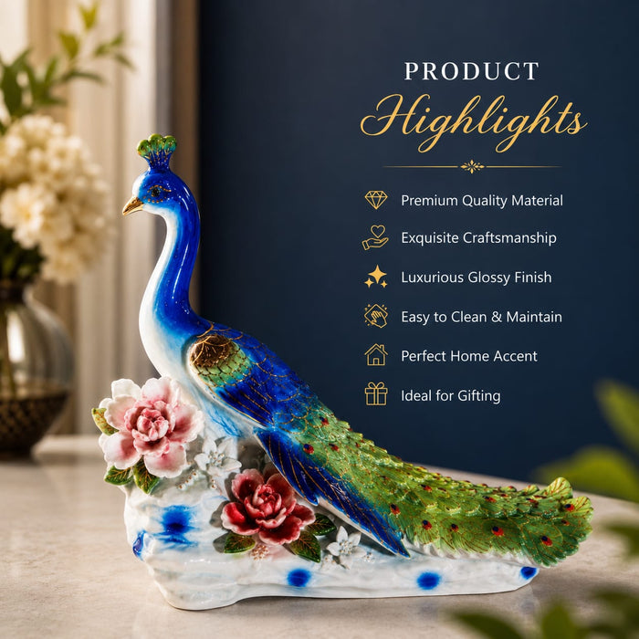 Celestial Blue Ceramic Peacock Sculpture – Premium Art Décor by The Decor Paradise