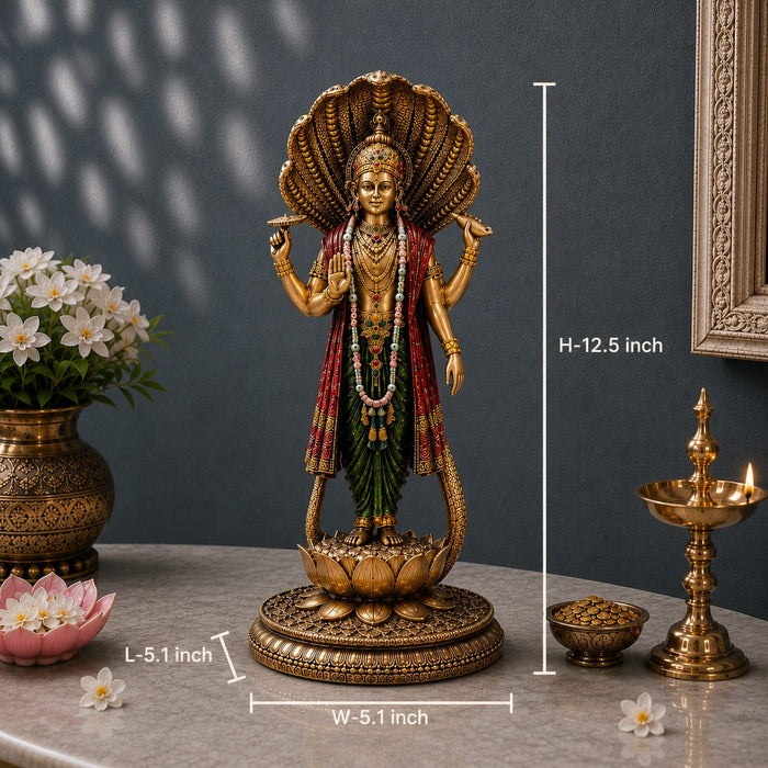 Gold-toned Hindu deity statue with a large open shell canopy, standing on a lotus base with dimension lines showing 12.5 inches high and 5.