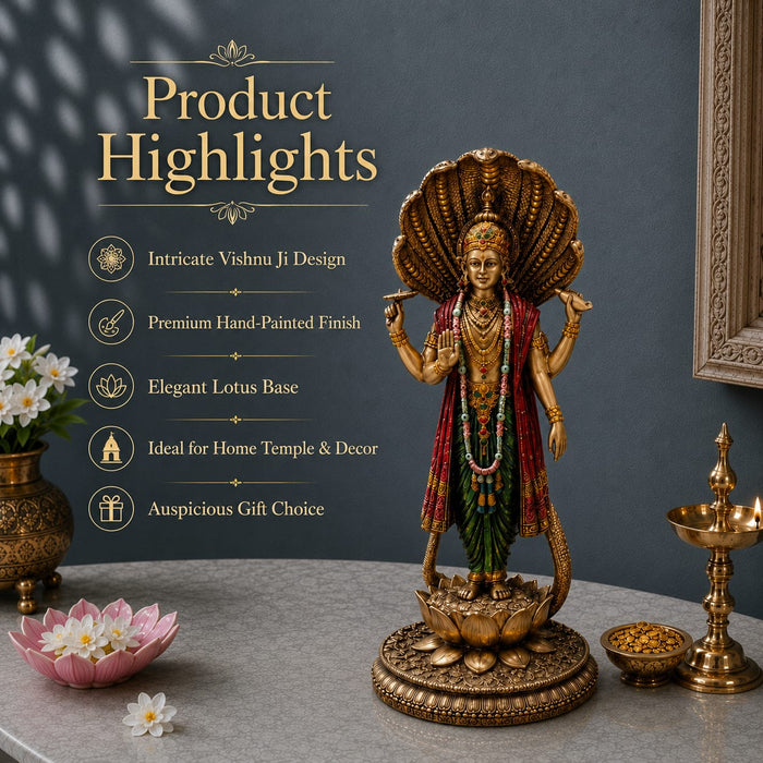 An ornate brass-colored Hindu deity statue with a large shell canopy, standing on a lotus base, displayed on a tabletop with decorative flowers and lamps. Text on the left reads 'Product Highlights' with feature callouts.