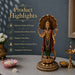 An ornate brass-colored Hindu deity statue with a large shell canopy, standing on a lotus base, displayed on a tabletop with decorative flowers and lamps. Text on the left reads 'Product Highlights' with feature callouts.