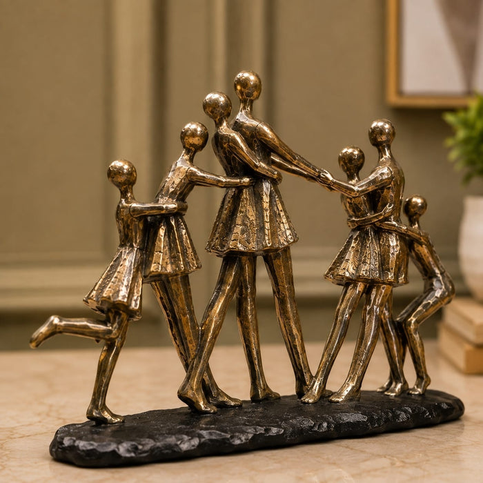 Detailed close-up of hand-painted accents, fine facial detailing, and premium Resin texture on Abstract Dancing Family Holding Hands Bronze Resin Sculpture (9 Inch)