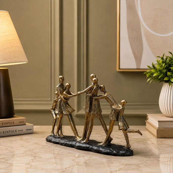 Product feature highlights and craftsmanship overview infographic for Abstract Dancing Family Holding Hands Bronze Resin Sculpture (9 Inch)