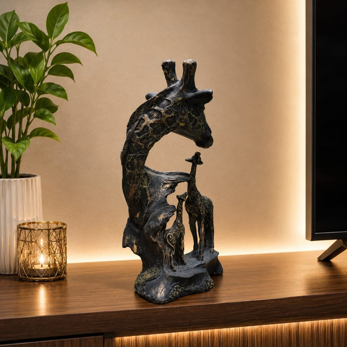 Detailed close-up of hand-painted accents, fine facial detailing, and premium Resin texture on Abstract Giraffe Family Resin Sculpture (11 Inch)