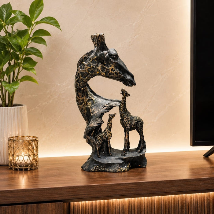 Full front view of Abstract Giraffe Family Resin Sculpture (11 Inch) on display base against clean studio background