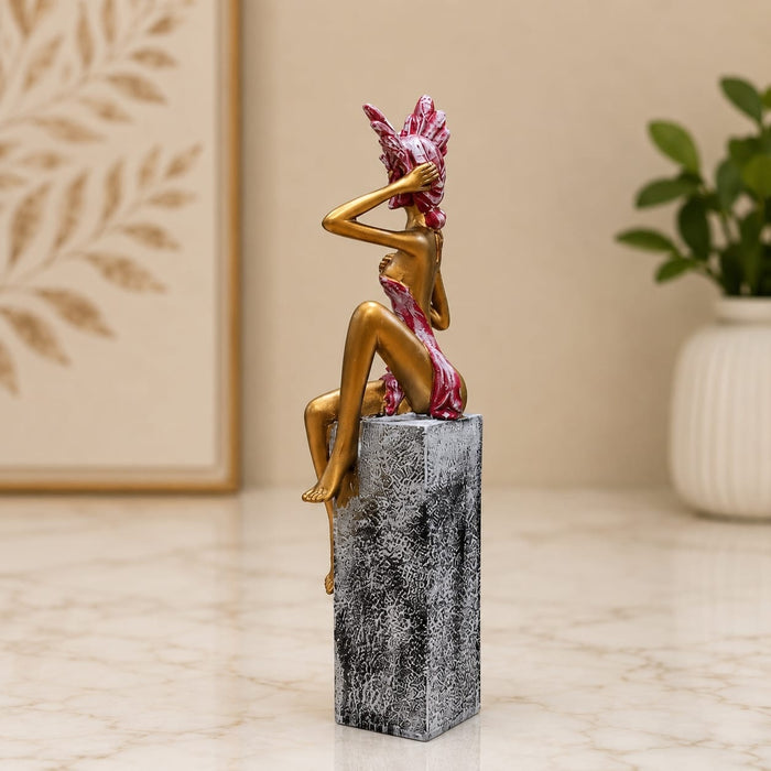 High-resolution craftsmanship detail shot displaying intricate ornamental work on Abstract Golden Female Resin Figurine with Floral Mask (12.3 Inch)