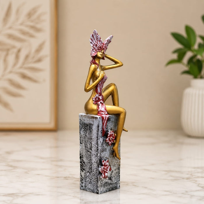 Product feature highlights and craftsmanship overview infographic for Abstract Golden Female Resin Figurine with Floral Mask (12.3 Inch)