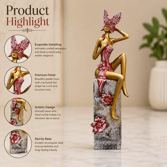 Abstract Golden Female Resin Figurine with Floral Mask (12.3 Inch) styled as an elegant decorative centerpiece in a modern living room tabletop setup