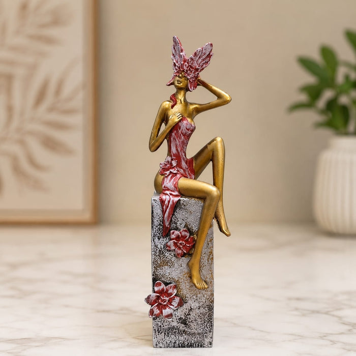 Exact dimension guide and measurement chart showing height and proportions of Abstract Golden Female Resin Figurine with Floral Mask (12.3 Inch)