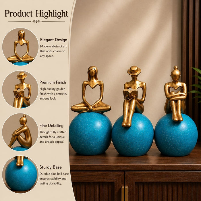 Three-quarter perspective angle view showcasing dynamic form and balanced proportions of Abstract Golden Women on Blue Spheres 3-Piece Resin Set (11 Inch)