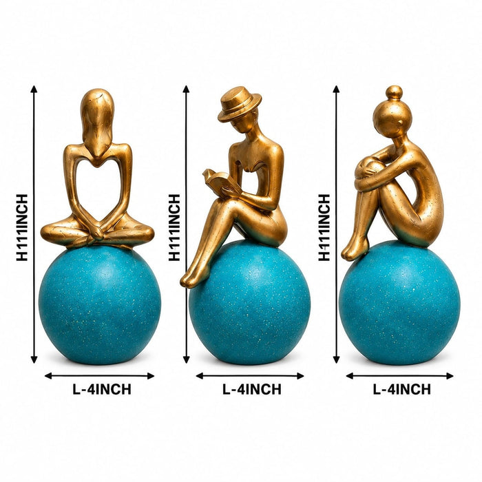 Product feature highlights and craftsmanship overview infographic for Abstract Golden Women on Blue Spheres 3-Piece Resin Set (11 Inch)