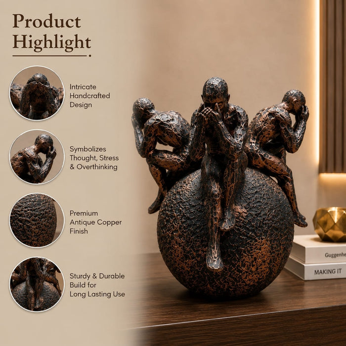 Side profile perspective showcasing elegant three-dimensional contours and sculptural depth of Abstract Thinking Men on Sphere Resin Sculpture (8 Inch)