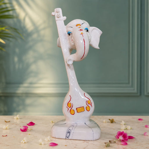 Abstract White Ganesha with Veena Musical Instrument Resin Idol (12 Inch) - View 4