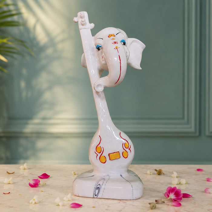 Abstract White Ganesha with Veena Musical Instrument Resin Idol (12 Inch) - View 4