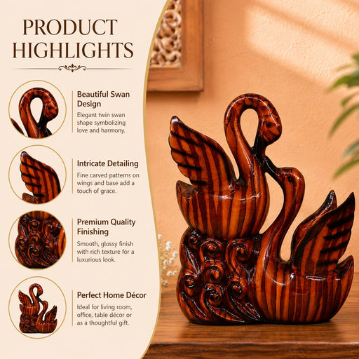 Abstract Wood-Finish Resin Swan Pair Showpiece (11 Inch) - View 1