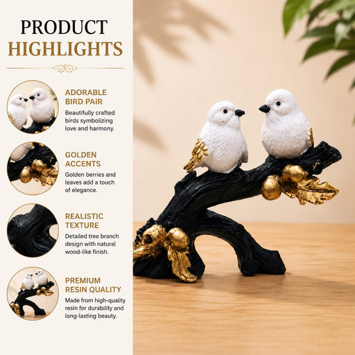 Affectionate White Bird Couple on Branch with Gold Leaves Resin Decor (6.5 Inch) - View 1