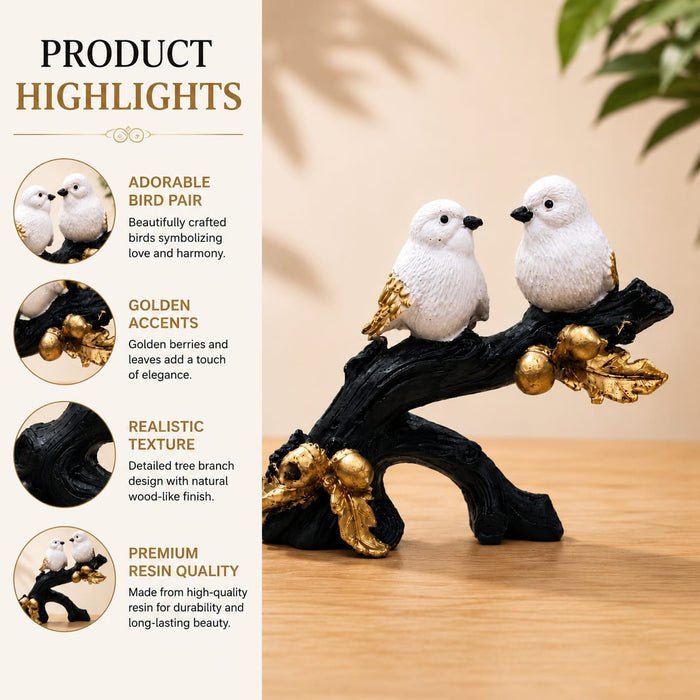 Affectionate White Bird Couple on Branch with Gold Leaves Resin Decor (6.5 Inch) - View 1
