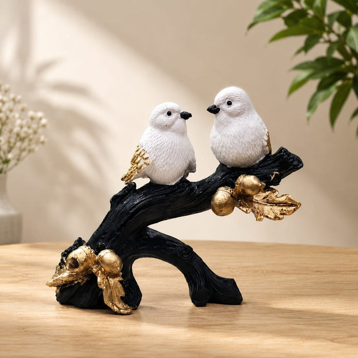 Affectionate White Bird Couple on Branch with Gold Leaves Resin Decor (6.5 Inch) - View 3