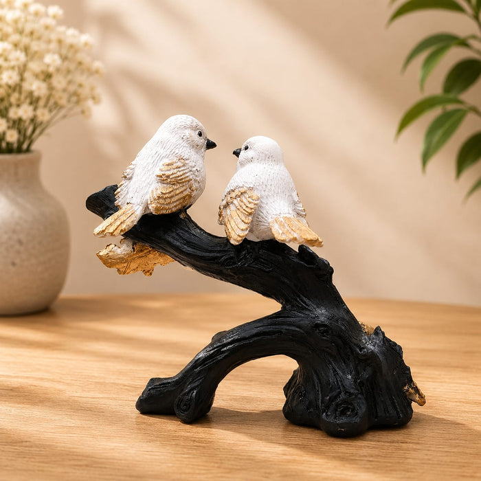 Affectionate White Bird Couple on Branch with Gold Leaves Resin Decor (6.5 Inch) - View 4