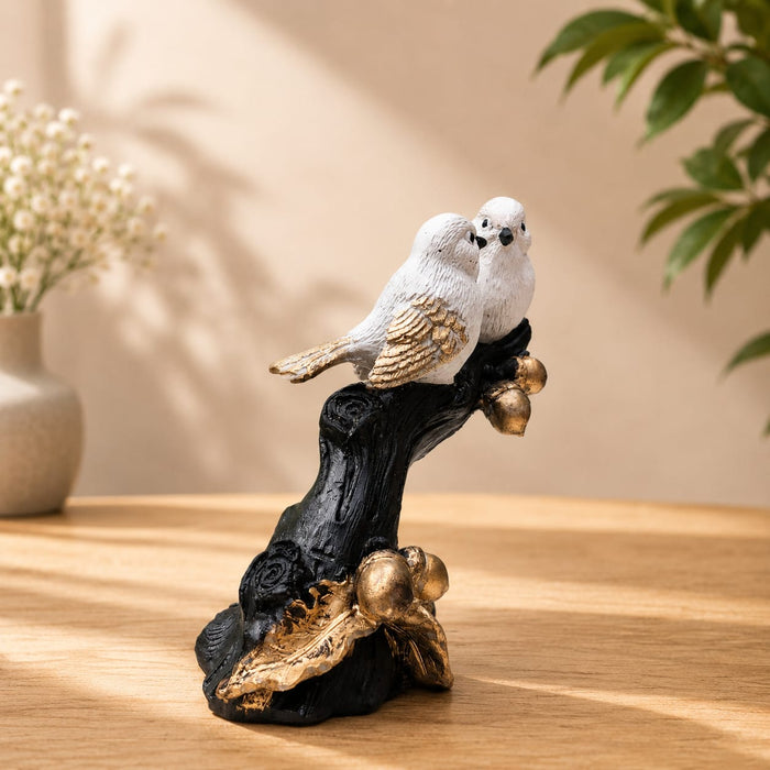 Affectionate White Bird Couple on Branch with Gold Leaves Resin Decor (6.5 Inch) - View 5