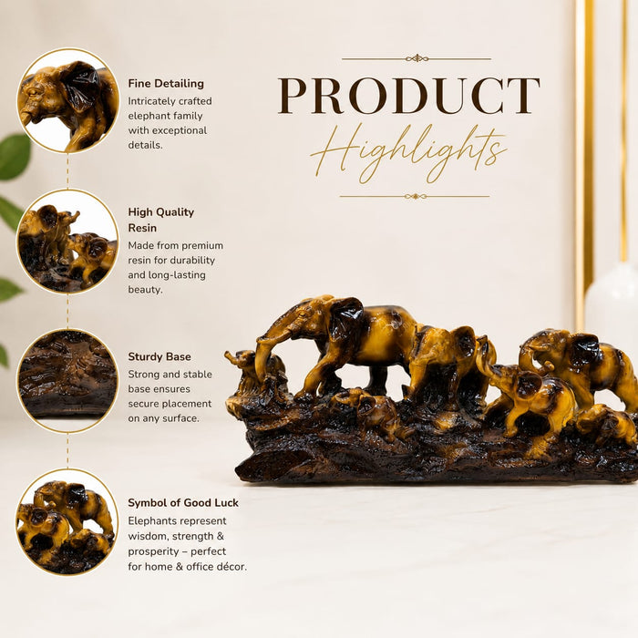 Amber Finish Five Walking Elephants on Log Resin Sculpture (17 Inch) - View 2
