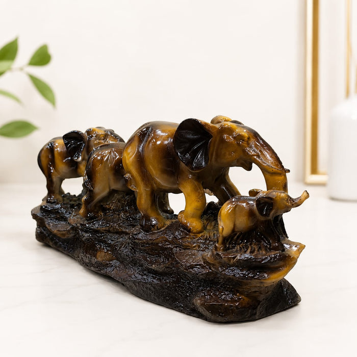 Amber Finish Five Walking Elephants on Log Resin Sculpture (17 Inch) - View 4