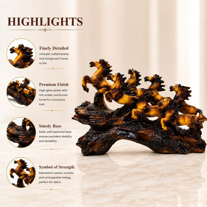 Amber Finish Seven Galloping Horses Resin Showpiece (9.5 Inch) - View 1