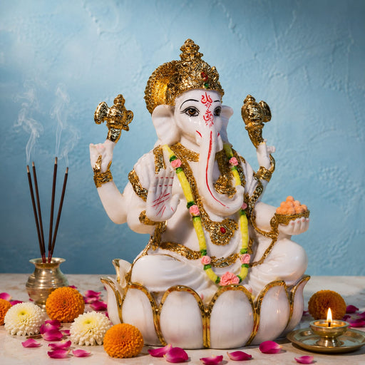 Auspicious White Resin Lord Ganesha on Lotus Base (9 Inch) - View 2