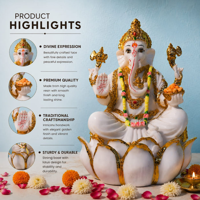 Auspicious White Resin Lord Ganesha on Lotus Base (9 Inch) - View 3