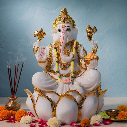 Auspicious White Resin Lord Ganesha on Lotus Base (9 Inch) - View 1