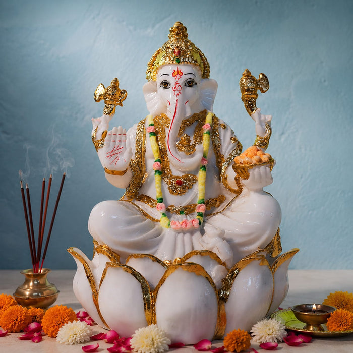 Auspicious White Resin Lord Ganesha on Lotus Base (9 Inch) - View 1