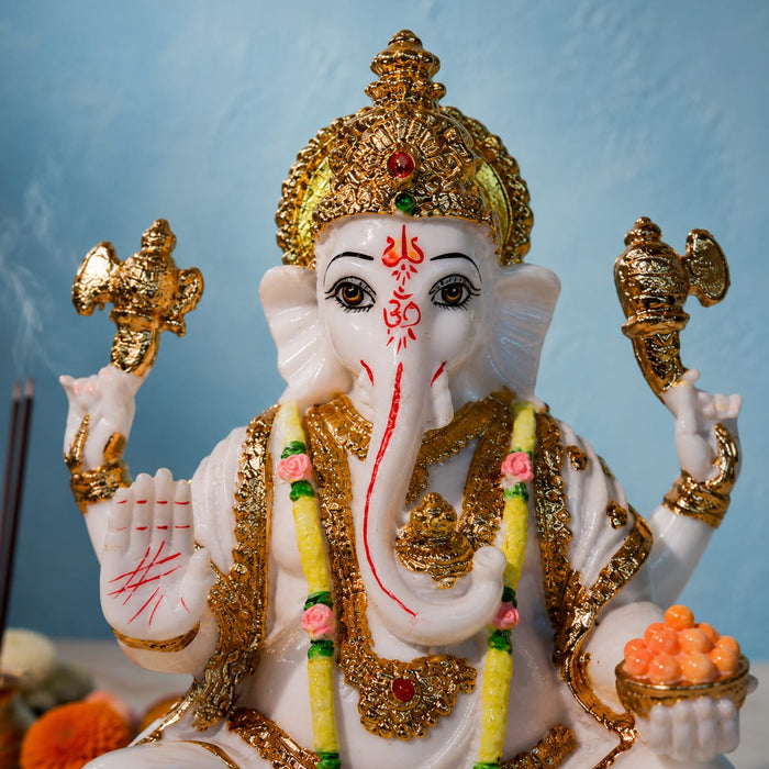 Auspicious White Resin Lord Ganesha on Lotus Base (9 Inch) - View 5