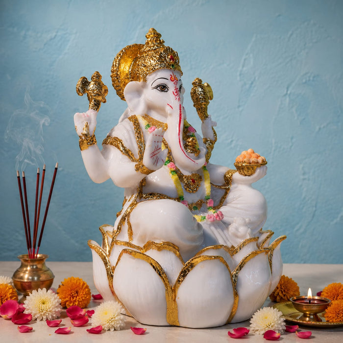 Auspicious White Resin Lord Ganesha on Lotus Base (9 Inch) - View 6