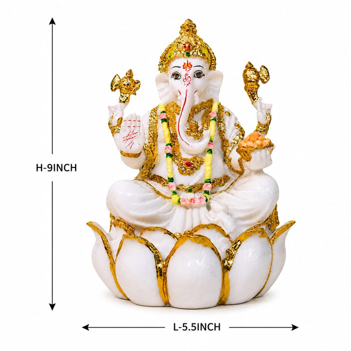 Auspicious White Resin Lord Ganesha on Lotus Base (9 Inch) - View 7