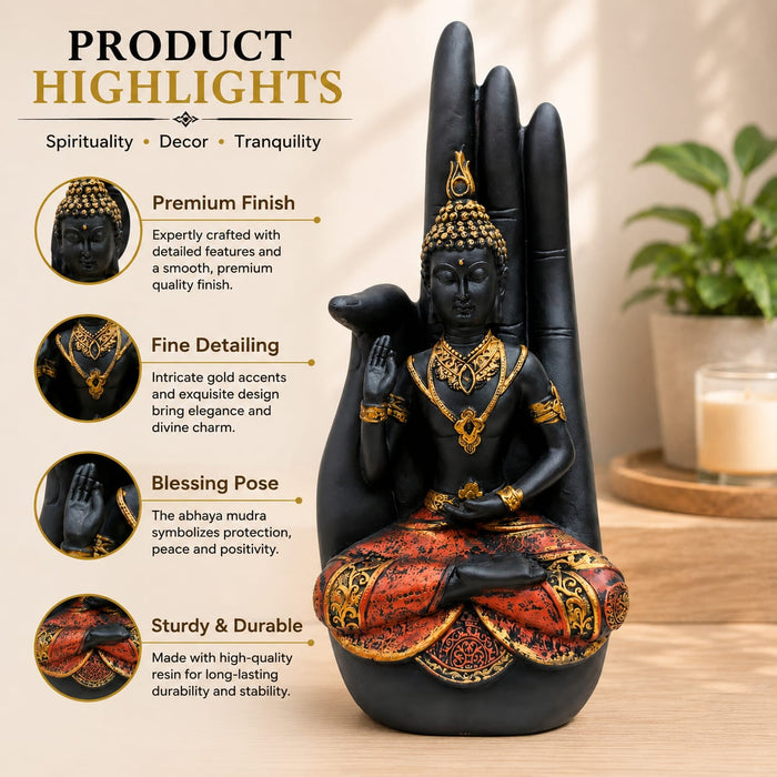 Black & Gold Meditating Buddha on Hand Resin Statue (14 Inch) - View 1