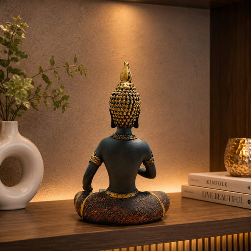 An angled perspective of the Black Meditating Buddha Idol highlighting its elegant three-dimensional form and craftsmanship.