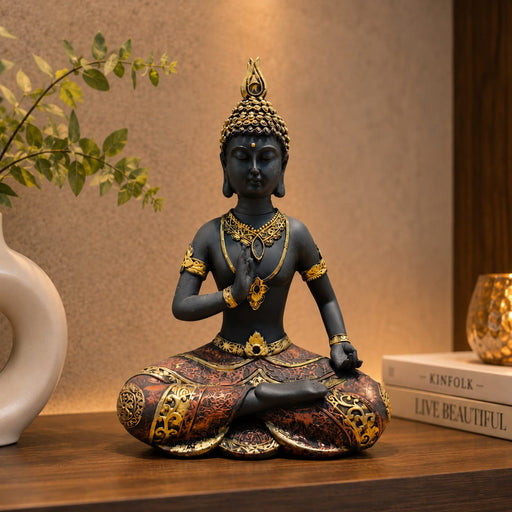 The detailed back view of the Black Meditating Buddha Idol showing the intricate texture of the material.