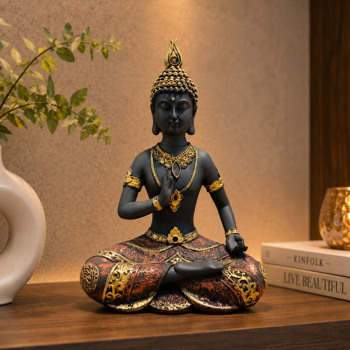 The detailed back view of the Black Meditating Buddha Idol showing the intricate texture of the material.