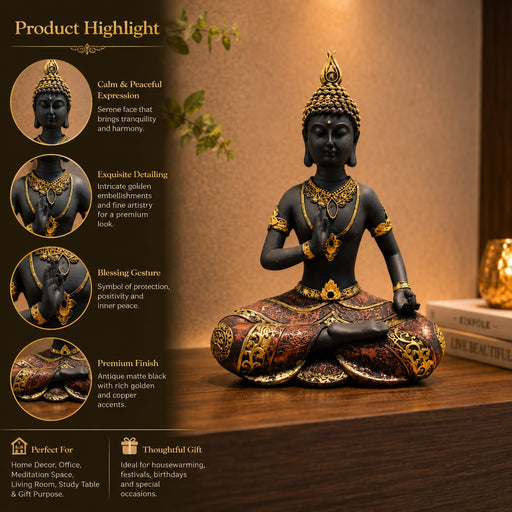 A direct front-facing view of the Black Meditating Buddha Idol showcasing its vibrant details and premium finish.