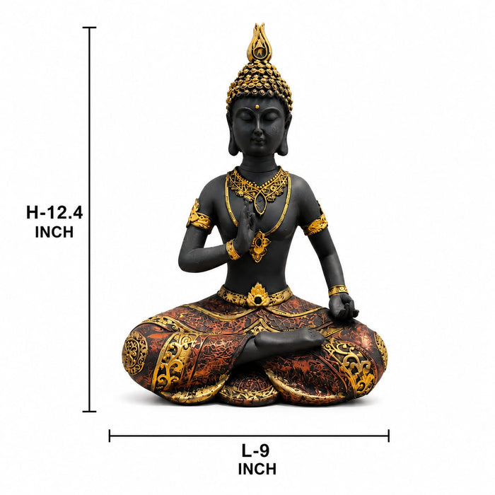 A dimensional diagram illustrating the exact height and width of the Black Meditating Buddha Idol.