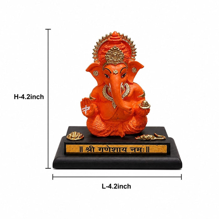Exact dimension guide and measurement chart showing height and proportions of Bright Orange Ganesha Resin Idol for Car Dashboard (4.2 Inch)