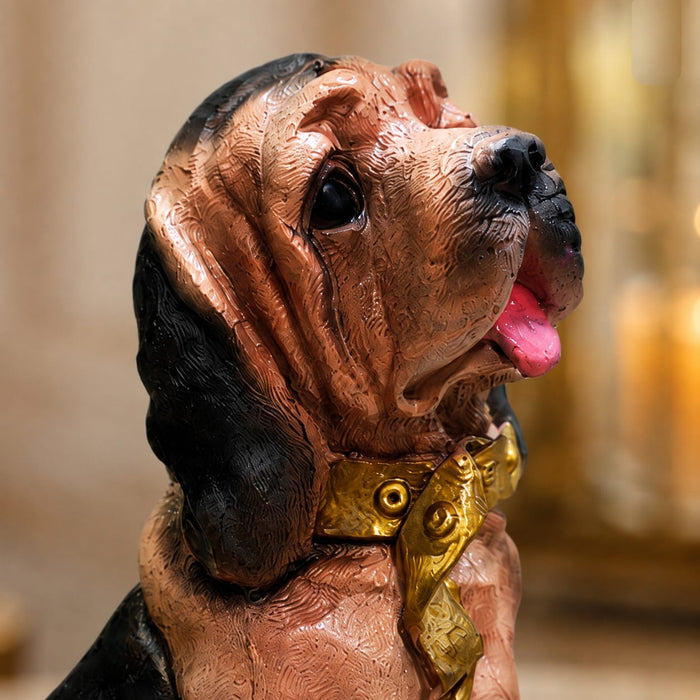 A close-up detail shot of the Brown Sitting Beagle Figurine focusing on the artisanal carving and rich color.