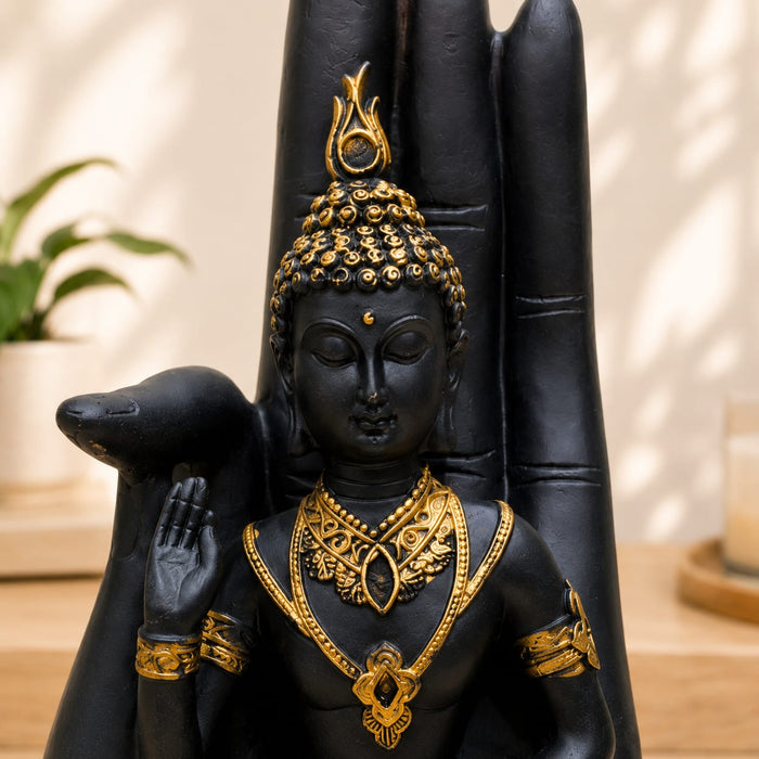 Buddha hand statue resin black gold – gold detailing closeup
