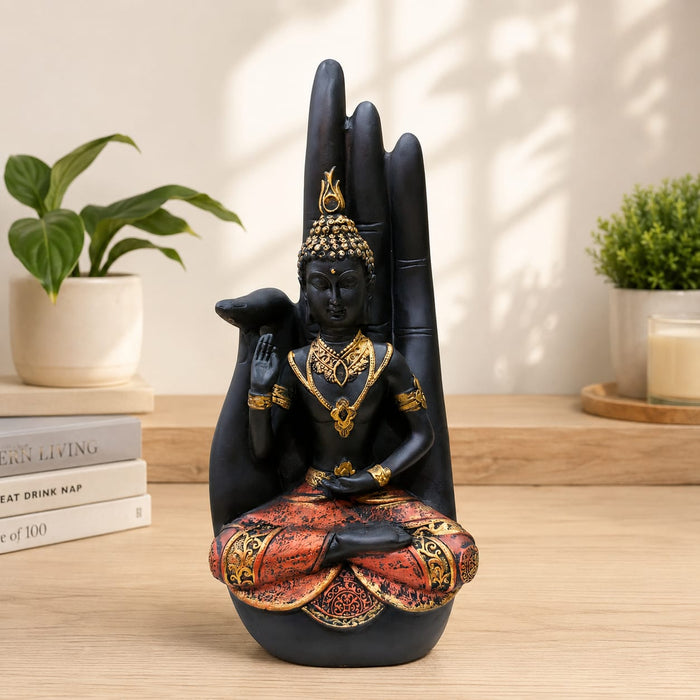 Buddha hand statue resin black gold – side view